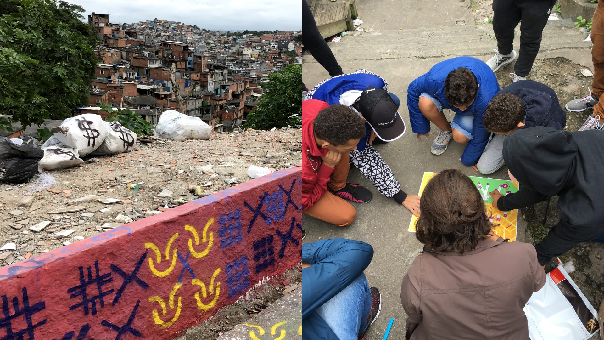 Padrões criados para a identidade visual do projeto feitos com spray e stencil pelas crianças do bairro. Na imagem ao lado crianças identificam pontos de interesse no mapa do bairro.