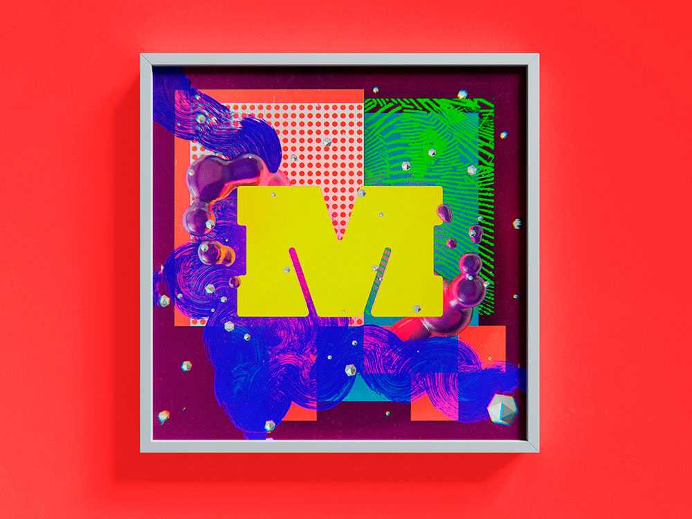 Quadro decorativo com a letra M envolta com grafismos abstratos