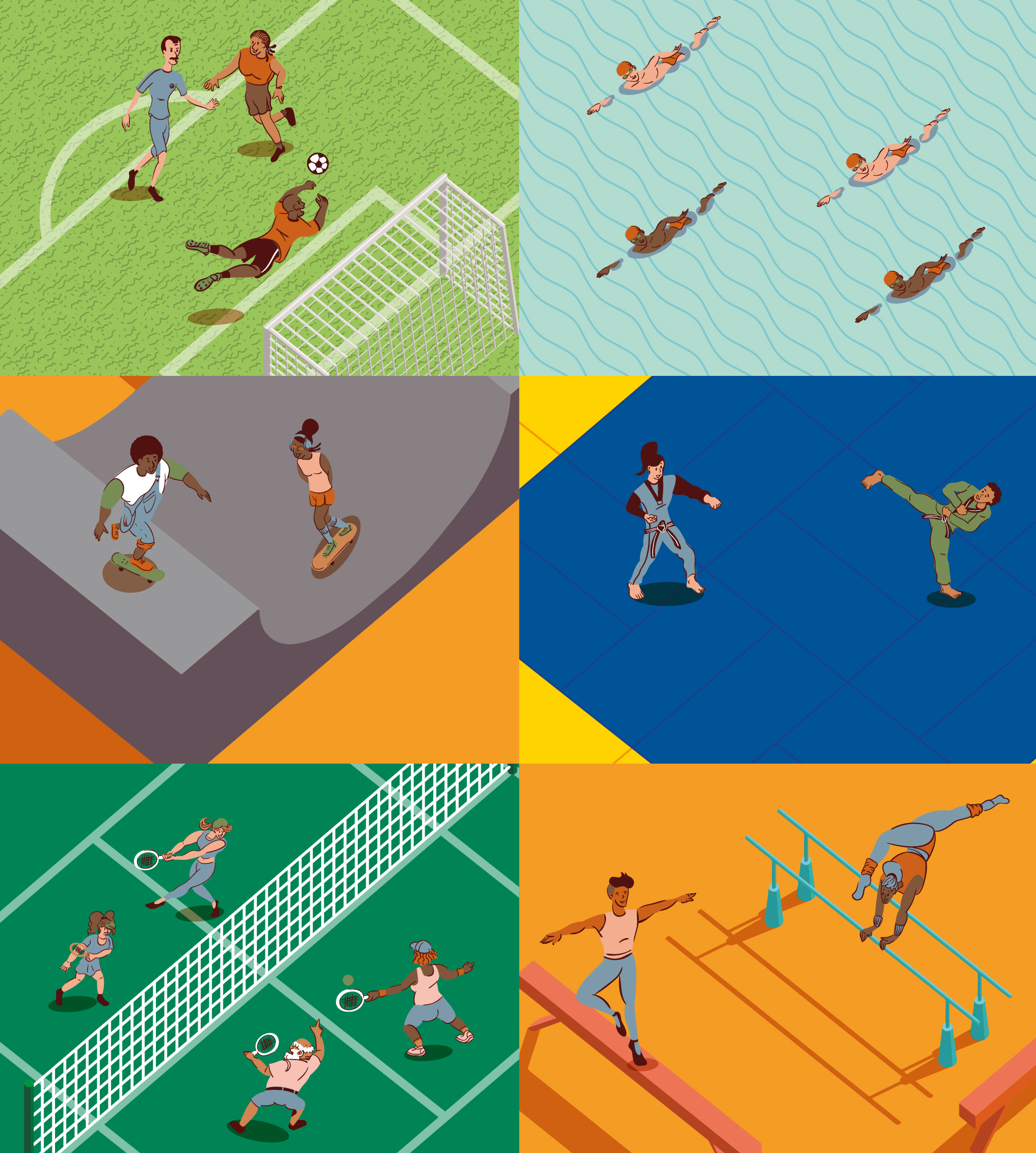 Ilustração de várias práticas esportivas, como futebol, natação, skate, tenis e outras.